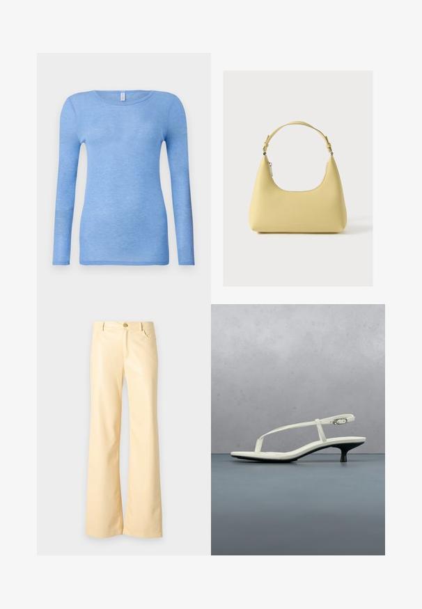 Camiseta de manga larga azul claro en una tela suave y ligera. Presenta un cuello redondo y un diseño ajustado. Sin patrones o acentos visibles.; Pantalones de pierna ancha en un amarillo pálido, fabricados en un material suave y brillante. Presenta un botón en la parte frontal, dos bolsillos laterales y un corte recto.; Sandalia blanca de tacón kitten con tiras y punta afilada, flotando sobre un suelo de baldosas de madera al aire libre, con un fondo desenfocado de plantas y pared.; Bolso de cuero amarillo con una silueta curva, correa corta ajustable y compartimento con cremallera. Presenta un logo sutil en el frente.