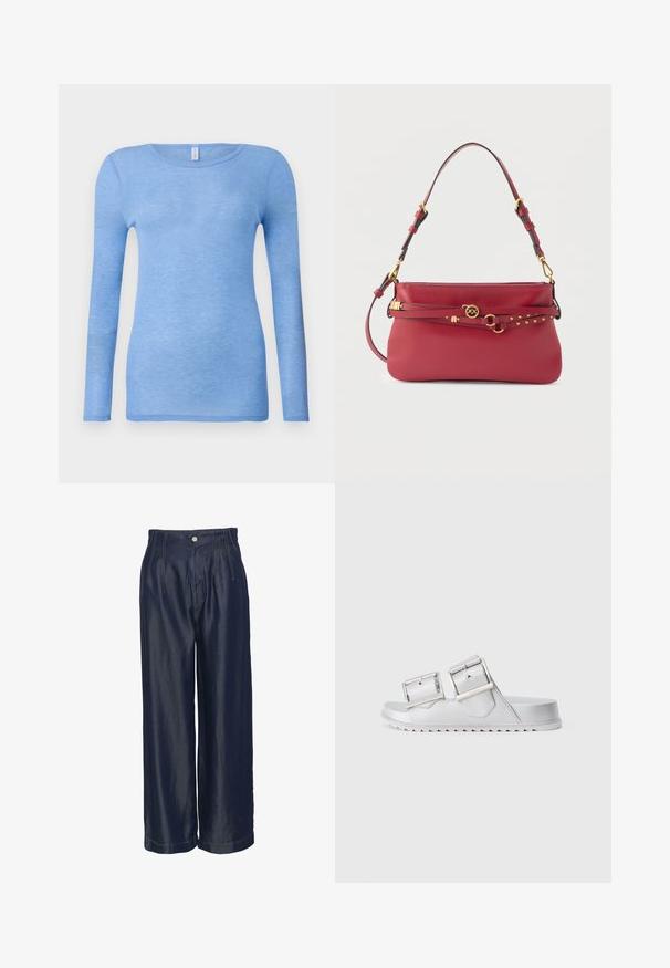 Lys blå langærmet t-shirt i et blødt, let materiale. Har rund hals og tætsiddende design. Ingen synlige mønstre eller detaljer.; Marineblå denim bukser med vid ben, høj talje, forsynede med frontfolder og guldstof-detaljer, glat tekstur og knaplukning.; Sølv sandaler med to brede justerbare stropper, tekstureret materiale og en flad sål med et zigzag-mønster på undersiden.; Rød læderhåndtaske med justerbar skulderrem, guldbeslået logo og dekorativt bælte med nitter, der er viklet om fronten.