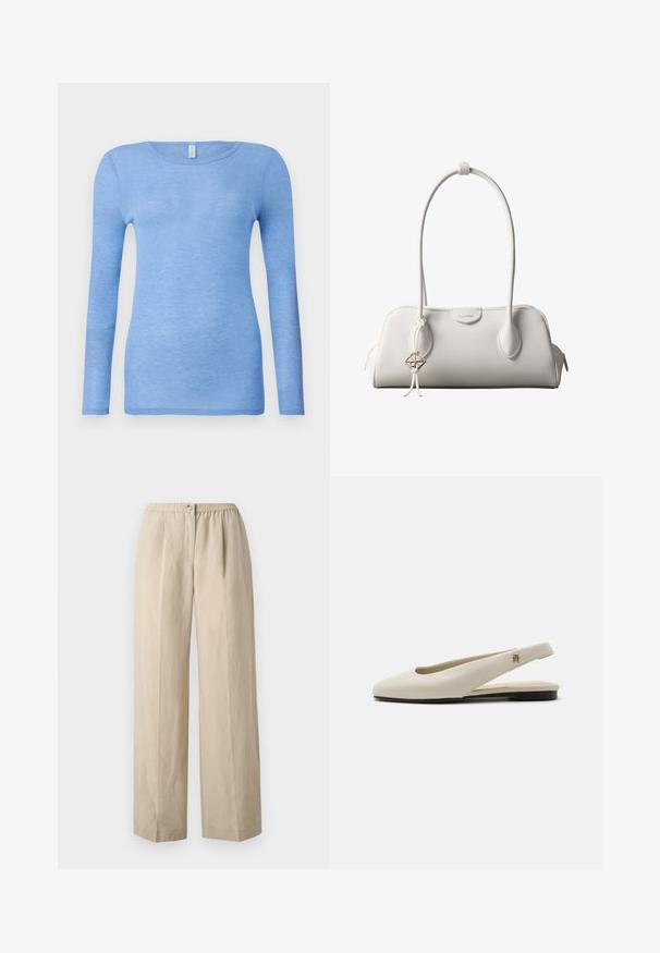 Camiseta de manga larga azul claro en una tela suave y ligera. Presenta un cuello redondo y un diseño ajustado. Sin patrones o acentos visibles.; Pantalones de pierna ancha beige, hechos de una tela suave, con una cintura elástica fruncida y un cierre con botón en la parte delantera. Textura suave con pliegues.; Zapato plano slingback de cuero color crema con puntera redondeada y pequeño emblema dorado en la correa.; Bolso de hombro blanco de Calvin Klein con asas largas, forma rectangular, cierre de cremallera y charm decorativo con el logo colgando cerca del asa.