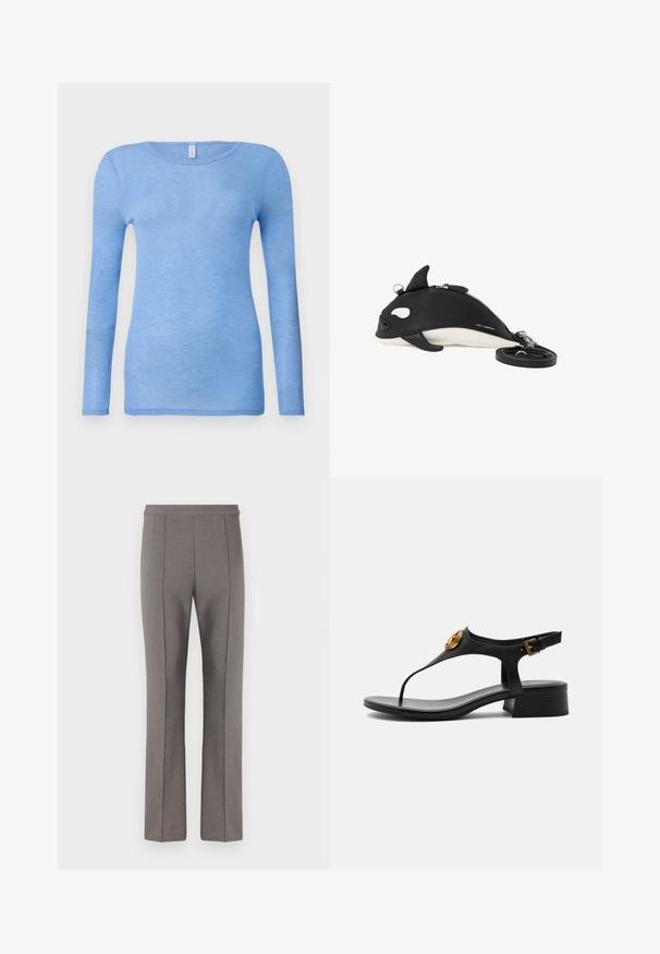Lys blå langærmet t-shirt i et blødt, let materiale. Har rund hals og tætsiddende design. Ingen synlige mønstre eller detaljer.; Grå skræddersyede bukser med slim fit, der har en glat tekstur og frontfald, designet til et formelt look. Ingen synlige lommer eller hardware.; Sort læder lavhælet thongsandal med gyldent rundt emblem og justerbar ankelremsspænde på hvid baggrund.; Sort-hvid orkahvalformet skuldertaske med lynlåslukning, små finnerdetaljer og aftagelig rem, der er rullet sammen ved siden af.