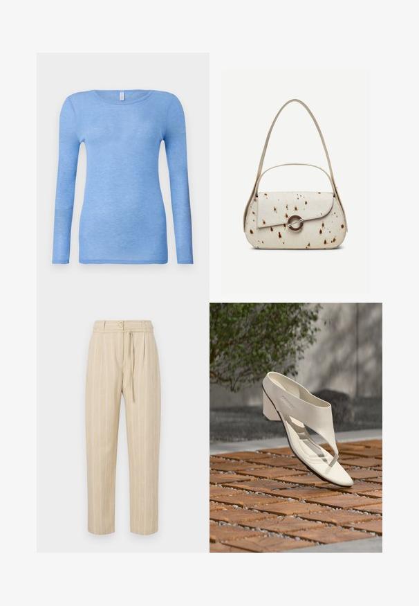 T-shirt à manches longues bleu clair en tissu doux et léger. Doté d'un col rond et d'une coupe ajustée. Aucun motif ni accent visible.; Pantalon beige à rayures avec une coupe décontractée, présentant une taille cintrée, une fermeture à bouton et une ceinture à nouer, fabriqué à partir d'un tissu léger.; Sandale à talon en cuir blanc avec une large bride et un entre-doigts, exposée en extérieur sur une surface carrelée en bois et en gravier avec de la verdure en arrière-plan.; Sac à main couleur crème avec des taches marron, rabat incurvé avec une fermeture métallique circulaire, doté de deux fines anses, dont une plus longue pour porter à l'épaule.