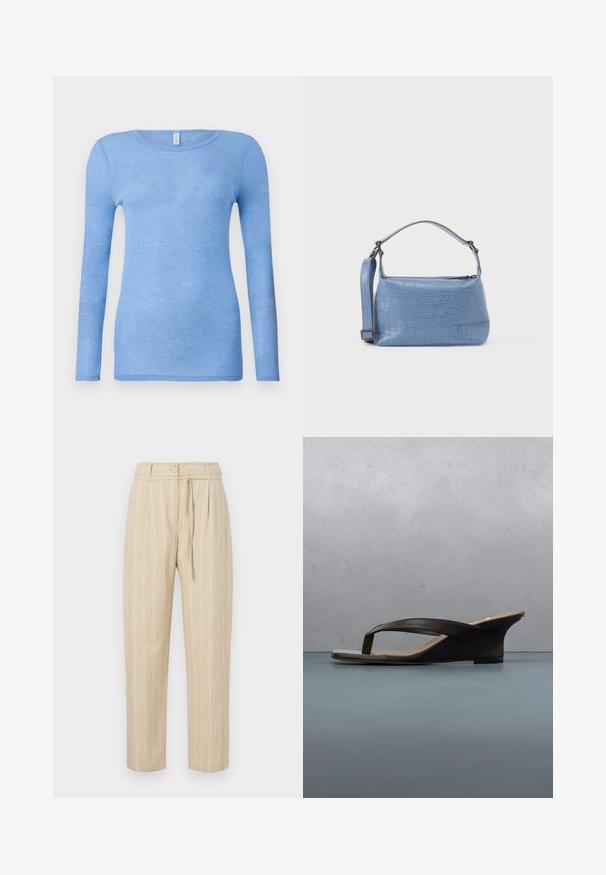 Camiseta de manga larga azul claro en una tela suave y ligera. Presenta un cuello redondo y un diseño ajustado. Sin patrones o acentos visibles.; Pantalones a rayas beige con un corte relajado, que cuentan con una cintura ajustada, cierre de botón y cinturón de lazo, confeccionados en un tejido ligero.; Sandalia negra de cuña con tiras tipo sandalia colocada sobre una tabla de madera y suelo de piedra al aire libre cerca de plantas verdes y una pared de concreto.; Bolso azul claro con relieve de cocodrilo, asa corta y correa de hombro desmontable. Textura lisa con cierre de cremallera.