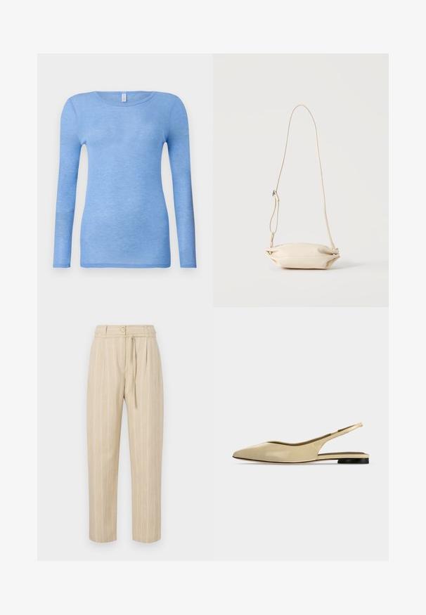 Camiseta de manga larga azul claro en una tela suave y ligera. Presenta un cuello redondo y un diseño ajustado. Sin patrones o acentos visibles.; Pantalones a rayas beige con un corte relajado, que cuentan con una cintura ajustada, cierre de botón y cinturón de lazo, confeccionados en un tejido ligero.; Zapato plano beige con puntera puntiaguda, diseño slingback, tacón bajo negro y acabado en cuero liso, mostrado de perfil sobre un fondo liso.; Bolso bandolera pequeño de cuero beige con correa ajustable, mostrado sobre un fondo claro y liso.