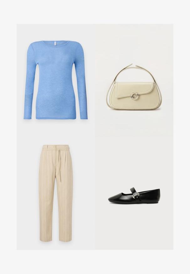 Camiseta de manga larga azul claro en una tela suave y ligera. Presenta un cuello redondo y un diseño ajustado. Sin patrones o acentos visibles.; Pantalones a rayas beige con un corte relajado, que cuentan con una cintura ajustada, cierre de botón y cinturón de lazo, confeccionados en un tejido ligero.; Zapato plano Mary Jane de cuero negro con punta redondeada y hebilla plateada sobre un fondo liso.; Bolso de mano de cuero beige con solapa curva, cierre circular plateado y asa corta superior sobre un fondo blanco liso.