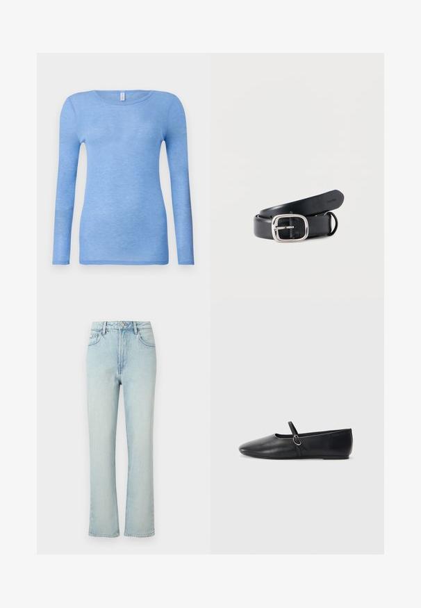 Camiseta de manga larga azul claro en una tela suave y ligera. Presenta un cuello redondo y un diseño ajustado. Sin patrones o acentos visibles.; Vaqueros azul claro de tiro alto y pierna recta con botón frontal, trabillas para cinturón y diseño clásico de cinco bolsillos sobre un fondo liso.; Bailarinas de cuero negro con punta afilada, suela plana y una pequeña correa con detalle de hebilla plateada.; Cinturón de cuero negro con una hebilla plateada rectangular. Textura lisa, con agujeros perforados para ajuste y interior con marca.
