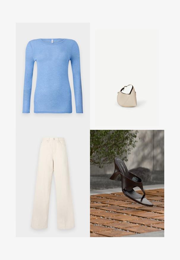 Lys blå langærmet t-shirt i et blødt, let materiale. Har rund hals og tætsiddende design. Ingen synlige mønstre eller detaljer.; Beige vide benbukser med høj talje, lavet af et blødt, tekstureret stof. Har en knapåbning og forlommer for funktionalitet.; Brun Calvin Klein hælet thong sandal svævende over træflise og grus udendørs med sløret grønt og stenmur i baggrunden.; Beige læder håndtaske i halvmåneform med en enkelt skulderrem og minimal syning, sat mod en ensartet hvid baggrund.