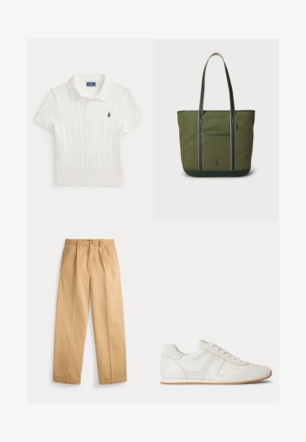 Wit kabelgebreide korte mouw polo met kraag en knoopsluiting, met klein marineblauw logo op de linkerborst.; Beige rechte broek met knoop- en ritssluiting, voorzakken, riemlussen en geplooide persvouwen langs de pijpen.; Witte lage sneaker met veters aan de voorkant, suède en leren panelen, en een lichtbruine rubberen zool op een witte achtergrond.; Groene canvas draagtas met twee lange hengsels, rechthoekige vorm, voorvak, contrasterende stiksels en een klein logo aan de voorkant.