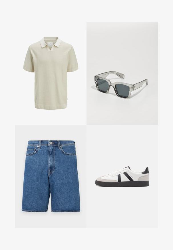 Camisa polo de manga corta en color beige con un patrón de punto texturizado, cuello en contraste y puños acanalados. Presenta un escote en forma de V y detalles en el dobladillo lateral.; Pantalones cortos de mezclilla en un tono azul medio, con un diseño clásico de cinco bolsillos, detalles de costura y una silueta de corte recto.; Zapatilla blanca con acentos en negro y gris, que presenta una puntera texturizada en gris, suela de goma negra y cordones planos blancos. Diseño limpio, estilo minimalista.; Gafas de sol sobredimensionadas y claras con lentes oscuros, que presentan un marco rectangular grueso y acentos texturizados en las patillas. Fabricadas de plástico transparente.