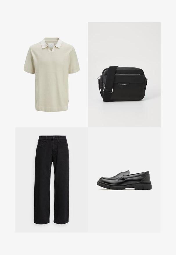 Kortærmet beige polo-shirt med et struktureret strikkemønster, kontrasterende krave og ribbede ærmeslids. Har en v-hals og sømaksenter på siden.; Sorte denim bukser med bred benlængde og høj talje, der har fem lommer og knaplukning. Stoffet har en glat tekstur og let stræk.; Sort læder loafersko med en bred rem over forfoden, gummisål med tykke mønstre og glat overflade. Klassisk, slankt design.; Sort messenger taske lavet af struktureret syntetisk materiale, med sølvhardware, justerbar rem og med et frontlogo-plakette samt lynlås lukning.