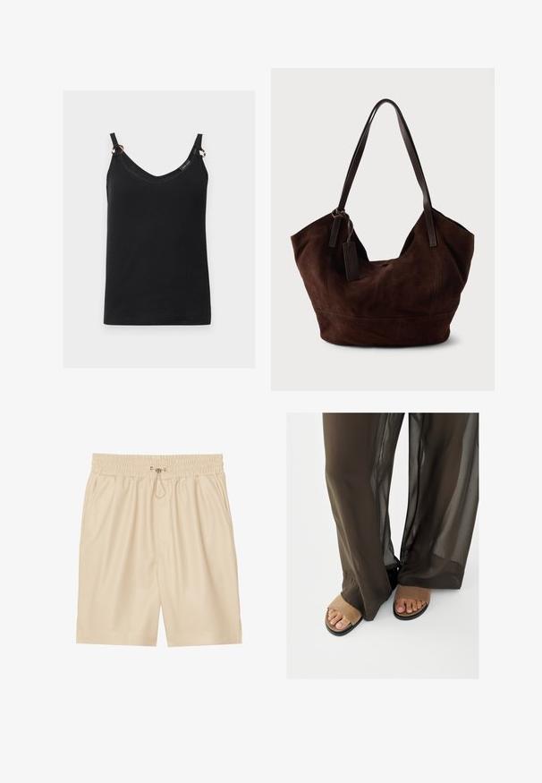 Caraco noir sans manches avec fines bretelles, encolure en V et petits anneaux métalliques reliant les bretelles au haut. Aucun motif ni logo visible.; Shorts en simili cuir beige avec une taille élastique et un cordon de serrage. Comprend des poches latérales et une coupe décontractée. Texture lisse.; Pieds en sandales ouvertes en suède beige partiellement recouverts par un pantalon large en tissu transparent marron foncé sur fond blanc.; Handbag en cuir suédé marron avec une forme douce et souple. Doté de poignées en cuir et d'une étiquette décorative. Texture plain avec des coutures courbes.