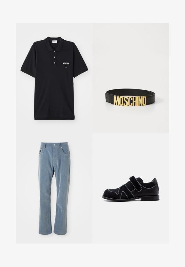 Mustmust või särk mustast puuvillast, millel on klassikaline krae, kolm nuppu ja valge Moschino logo vasakul rinnaosas.; Heledad sinine kordinapüksid nööbi ja tõmbluku sulguriga, esikotid ja sirged sääred valgel taustal.; Meeste must kleitoss, millel on takjakinnitus, paeltega detail, seemisnahast ja nahast materjalid ning madal konts, valge lihtsa tausta ees.; Must kollane nahkvöö, millel on suur kuldne "MOSCHINO" logo pandla, sile tekstuur, reguleeritav suurus ja minimalistlik disain.