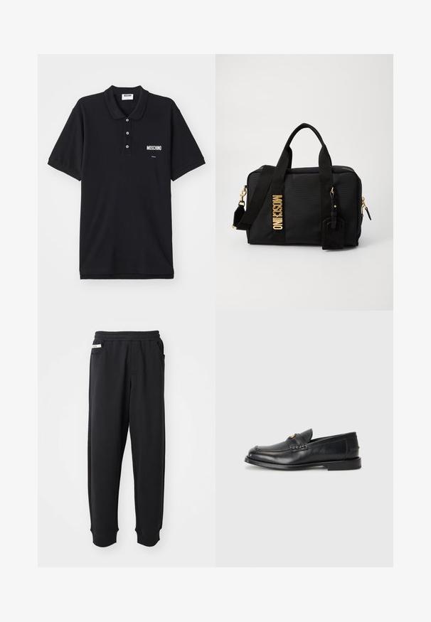 Sort polo-shirt lavet af bomuld, med en klassisk krave, tre knapper og et hvidt Moschino-logo på venstre brystområde.; Sorte sweatpants lavet af blødt stof, med elastisk talje, sidelommer og ribbede manchetter ved anklerne. Minimalistisk design.; Sorte læder loafers har en afrundet tå, syede detaljer og en lille gylden accent foran. Sålen er flad og diskret.; Sort nylon taske med guldfarvet hardware, dobbelte top håndtag, aftagelig skulderrem og en lædermærke. Firkantet form med lynlåslukning.