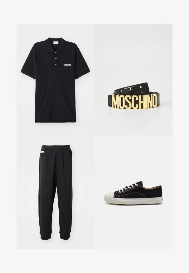 Čierna polo košeľa vyrobená z bavlny, so klasickým golierom, tromi gombíkmi a bielym logom Moschino na ľavej strane hrude.; Čierne tepláky vyrobené z mäkkého materiálu, s elastickým pásom, bočnými vreckami a rebrovanými manžetami na členkoch. Minimalistický dizajn.; Čierne plátené tenisky s bielou gumenou špičkou a podrážkou, s bielymi šnúrkami a kontrastným šitím. Nízky profil.; Čierny kožený opasok s krokodílou textúrou a veľkým zlatým logom "MOSCHINO" ako sponou. Obsahuje viacero nastavovacích dierok.