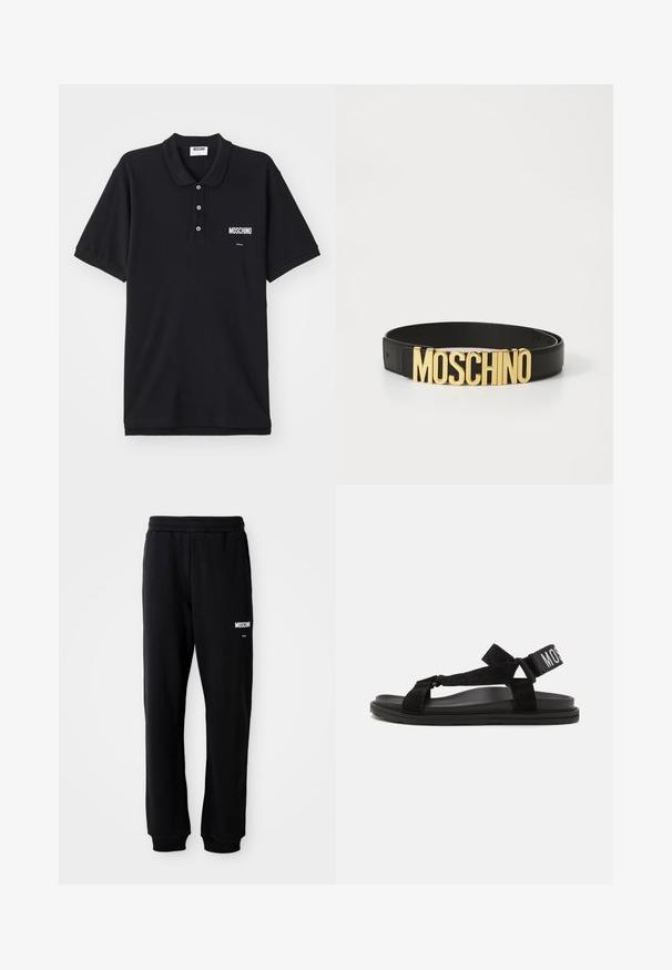Mustmust või särk mustast puuvillast, millel on klassikaline krae, kolm nuppu ja valge Moschino logo vasakul rinnaosas.; Mustad mustad, lõdva lõikega, pehmest kangast. Omab elastset vöökohta ja valget "Moschino" logo vasakul reiel.; Mustad sandal, mis on valmistatud sametist ja kummist, millel on risti minevad rihmad ja lai reguleeritav pahkluu rihm, millel on valged tähed "MOSS".; Must kollane nahkvöö, millel on suur kuldne "MOSCHINO" logo pandla, sile tekstuur, reguleeritav suurus ja minimalistlik disain.