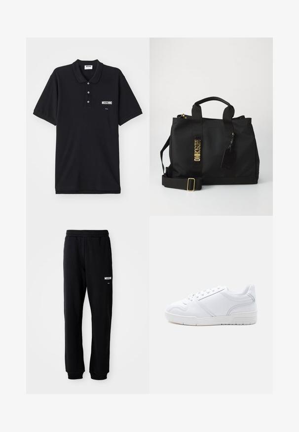 Mustmust või särk mustast puuvillast, millel on klassikaline krae, kolm nuppu ja valge Moschino logo vasakul rinnaosas.; Mustad mustad, lõdva lõikega, pehmest kangast. Omab elastset vöökohta ja valget "Moschino" logo vasakul reiel.; Valge madala lõikega toss, millel on paeltega kinnitus, sile sünteetiline pealmine osa ja mustriga kummist tallad heledal lihtsal taustal.; Must musta kott, millel on kaks käepidet, reguleeritav õlavarre rihm, kuldne logo tekst ja külge kinnitatud must kohvritag. Taust on ühtlane.