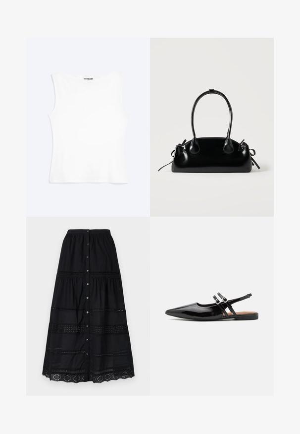 White sleeveless fitted tank top with a round neckline and minimal design, labeled "WEEKDAY" inside the collar.; Black cotton maxi skirt with tiered design, featuring vertical lace cutouts and button closure along the front, textured hemline detail.; Black patent leather slingback shoes feature a pointed toe, two straps with buckle accents, and a flat sole.; Small black glossy handbag with two long handles and side drawstring details on a plain light background.