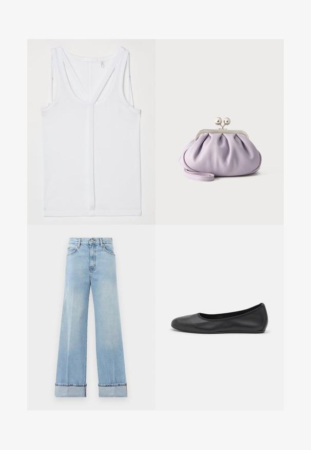 Helmut Lang STRAP RACER TANK - Débardeur - optic white; Jeans évasés bleu clair en denim, dotés d'une taille haute, d'ourlets retroussés et d'un design classique à cinq poches. Finition nette avec un minimalisme dans les dégradés.; Ballerines en cuir noir avec un bout rond, texture lisse, détails de couture minimalistes et design de semelle flexible.; Pochette lavande douce avec tissu froncé, fermoir kiss-lock argenté et bracelet assorti sur un fond clair uni.