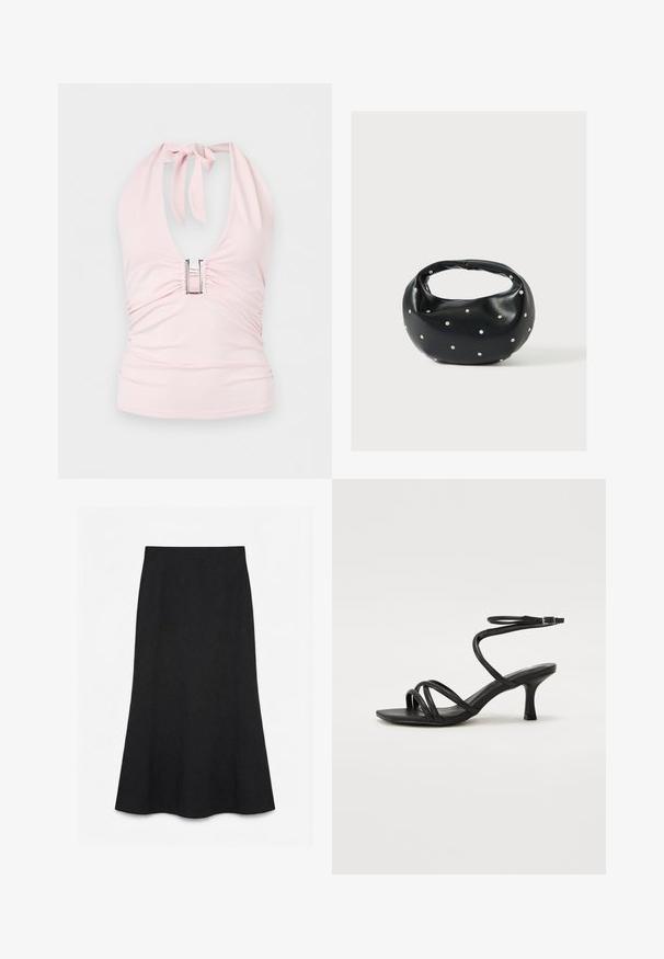 Haut dos-nu rose clair avec un décolleté en V profond, noué au cou, avec une boucle rectangulaire argentée sur la poitrine et des fronces sur les côtés.; Jupe noire taille haute en ligne A, avec un tissu simple et lisse, sans motifs ni ornements visibles.; Even&Odd Wide Fit by Zalando Sandales - black; Sac à main en cuir noir de forme arrondie, décoré de clous argentés et équipé d'une poignée courte. Texture lisse et fermeture éclair.