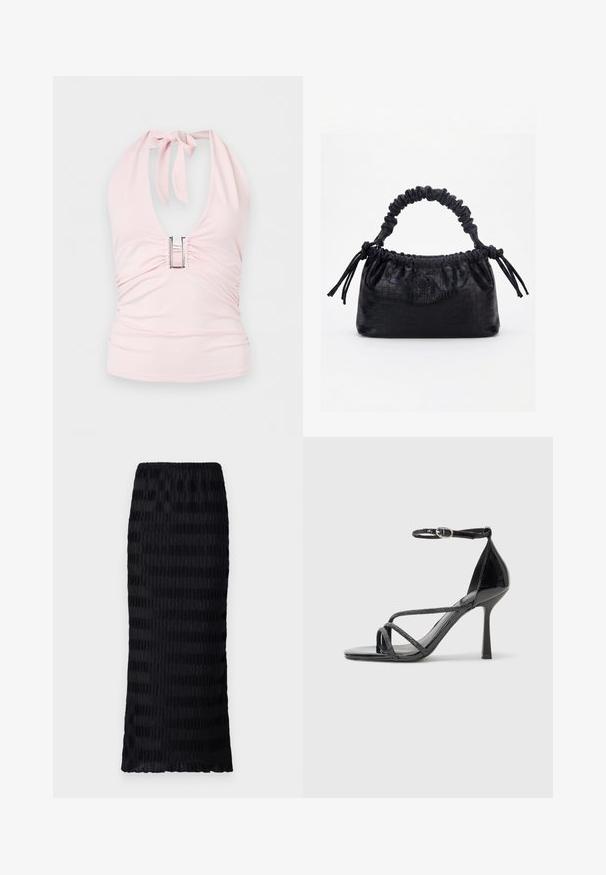 Haut dos-nu rose clair avec un décolleté en V profond, noué au cou, avec une boucle rectangulaire argentée sur la poitrine et des fronces sur les côtés.; Jupe noire longueur genoux avec un design plissé texturé. Taille élastique, tissu lisse avec des rayures alternées mates et brillantes.; Sandale à talons hauts en cuir verni noir avec une sangle autour de la cheville, présentant des brides croisées et un élégant bout pointu.; Sac à main noir avec texture crocodile, bord supérieur froncé, poignée plissée et pompons à cordon de chaque côté sur fond blanc.