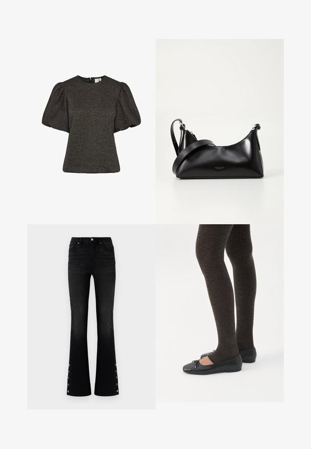 Korte zwarte textuur top met opgeblazen korte mouwen en een ronde halslijn, met een ritssluiting aan de achterkant.; ONLY ONLWAUW MID WAIST FLARED - Flared Jeans - washed black; Benen met donkere geribbelde leggings gecombineerd met zwarte ballerina's met kleine strikdetails op een witte achtergrond.; Zwarte leren handtas met een gladde textuur. Beschikt over een verstelbare schouderband en een strak, minimalistisch ontwerp met een ritssluiting.