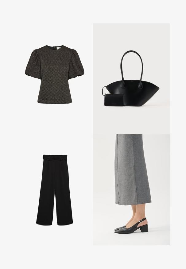 Korte zwarte textuur top met opgeblazen korte mouwen en een ronde halslijn, met een ritssluiting aan de achterkant.; Zwarte broek met wijde pijpen en een hoge tailleband, voorzien van twee knopen aan de voorkant en een gladde textuur. Rechte snit met plooien aan de voorkant.; Zwarte leren slingback schoenen met een puntige neus, blokhak en een contrasterend roze hielaccent. Gladde textuur met een minimalistisch ontwerp.; Zwarte leren handtas met lange handvatten en een bijpassend klein ritstasje tegen een effen achtergrond.