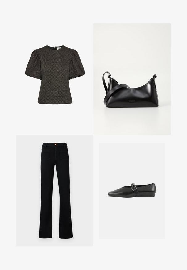 Kort sort tekstureret top med puffede korte ærmer og rund halsudskæring, med en lynlås i ryggen.; Sorte højtaljede lige ben jeans med frontlomme og kobberknaplukning på en neutral baggrund.; Sorte læder flade sko med spidse tæer, prydet med en metallisk spænde over vristen og en lav, fleksibel sål.; Sort læderhåndtaske med en glat tekstur. Har en justerbar stropp og et enkelt, minimalistisk design med lynlås.