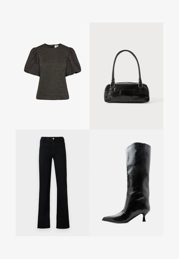 Kort sort tekstureret top med puffede korte ærmer og rund halsudskæring, med en lynlås i ryggen.; Sorte højtaljede lige ben jeans med frontlomme og kobberknaplukning på en neutral baggrund.; Sort skinnende knæhøj læderstøvle med spids tå og lav buet hæl på en ensfarvet lys baggrund.; Sort læderhåndtaske med rektangulær form, der har et enkelt struktureret håndtag, sølvhardware og lynlås-lukning. Glat tekstur.