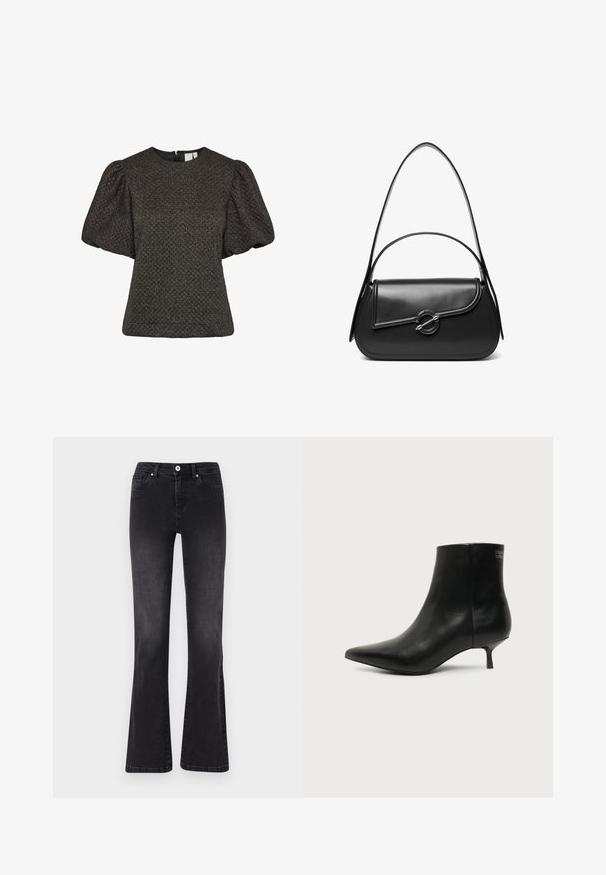 Kort sort tekstureret top med puffede korte ærmer og rund halsudskæring, med en lynlås i ryggen.; Sorte flagrende jeans lavet af denim, med knaplukning, fem lommer og subtil falming. Syet detaljer langs sømmene.; Sort læder ankelstøvle med spids tå og lav kitten hæl på lys baggrund, der viser yderside.; Sort skuldertaske i læder med en buet klap, der er fastgjort med en rund metal spænde, og en slank, justerbar rem.
