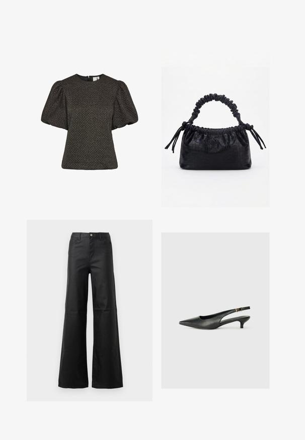 Korte zwarte textuur top met opgeblazen korte mouwen en een ronde halslijn, met een ritssluiting aan de achterkant.; Zwarte wijde jeans van soepele denim, met een knoopsluiting, voorzakken en een hoge taille.; Zwarte puntschoen met slingback van soepel leer. Kenmerkt zich door een dunne hak en een gespdetail op de verstelbare band.; Zwarte handtas met krokodillenstructuur, geplooide bovenrand, samengevoerde handgreep en koordtassels aan elke kant tegen een witte achtergrond.