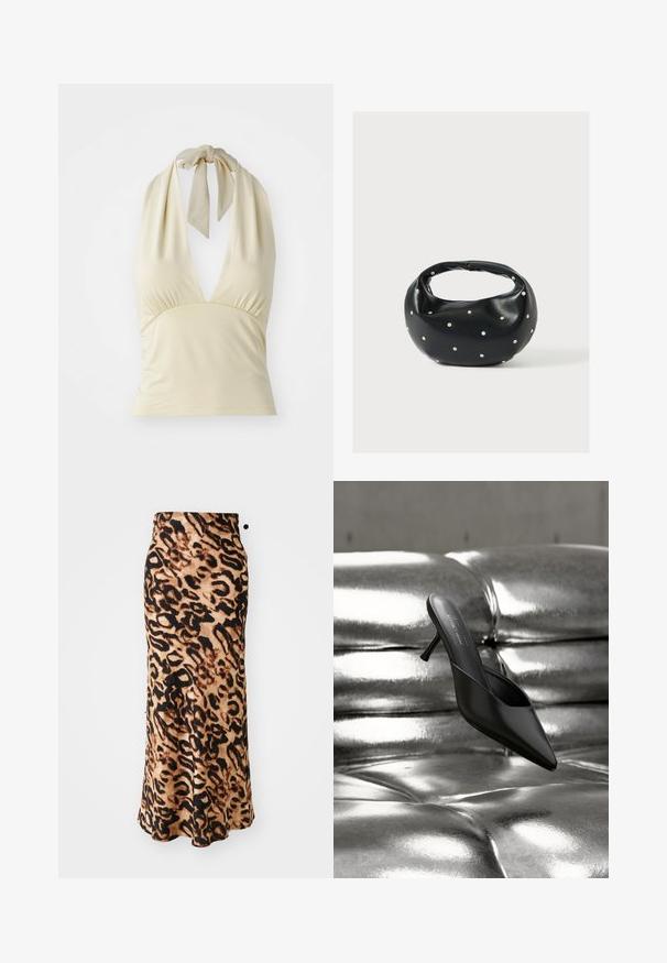 Svetlo béžový halter top s hlbokým V-výstrihom, nariasením na prsiach a viazaním na krku. Vyrobený z jemného, elastického materiálu.; Maxi sukňa v leopardom vzore s priliehavým pásom, vyrobená z mäkkej tkaniny, s odtieňmi hnedej a čiernej v plynulej, A-línie siluete.; Čierne mule so špicatou špičkou a úzkym opätkom položené na lesklom, strieborno-metalickom prešívanom povrchu.; Čierna kožená kabelka s zaobleným tvarom, zdobená striebornými cvočkami a krátkym rúčkou. Hladká textúra a zapínanie na zips.