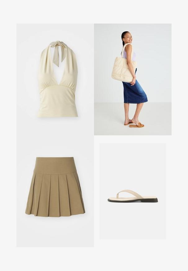 Svetlo béžový halter top s hlbokým V-výstrihom, nariasením na prsiach a viazaním na krku. Vyrobený z jemného, elastického materiálu.; Khaki skladaná sukňa s priliehavým pásom, vyrobená z hladkej tkaniny, s ostrými záhybmi, ktoré posilňujú jej štruktúrovaný vzhľad.; Béžové ploché žabky s polstrovanou stielkou a čiernou podrážkou, zobrazené z boku na bielom pozadí.; Kvadrový béžový nákupný vak s hrubými uchami, priestranným dizajnom a mäkkou textúrou, ktorý drží osoba v svetlom fialovom tričku a modrej džínsovej sukni.