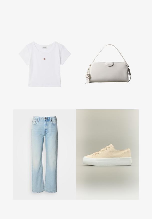 Top corto blanco de manga corta con escote redondo y un pequeño logo de Calvin Klein en rojo y negro centrado en el pecho.; Vaqueros de pierna ancha azul claro confeccionados en denim, con un diseño clásico de cinco bolsillos y una sutil textura deslavada. La costura del denim es visible.; Zapatilla baja de lona beige con suela de goma blanca gruesa y un sutil logo "CK" en el lateral.; Bolso rectangular blanco de Calvin Klein con un solo asa, diseño minimalista y borlas decorativas con un charm metálico geométrico en el lateral.