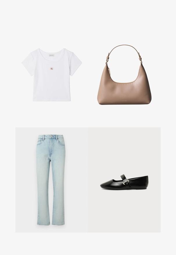 Top corto blanco de manga corta con escote redondo y un pequeño logo de Calvin Klein en rojo y negro centrado en el pecho.; Vaqueros azul claro de tiro alto y pierna recta con botón frontal, trabillas para cinturón y diseño clásico de cinco bolsillos sobre un fondo liso.; Zapato plano Mary Jane de cuero negro con punta redondeada y hebilla plateada sobre un fondo liso.; Bolso de hombro de cuero beige con asa corta, cremallera superior curvada y logotipo minimalista de Calvin Klein en el frente.