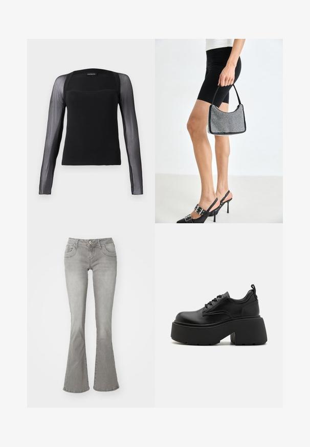 Haut noir à manches longues avec un corsage uni et des manches en mesh noir transparent. Il présente un décolleté carré et une texture lisse.; Jeans gris évasés avec une taille mi-haute, poches avant et fermeture à bouton, fabriqués en denim avec une texture lisse.; Buffalo VICIOUS LACE UP LO - Derbies - black; Sac à main à perles noires avec une silhouette courbée, une poignée de transport et une texture brillante. Porté avec des chaussures à talons hauts noires et un short noir ajusté.