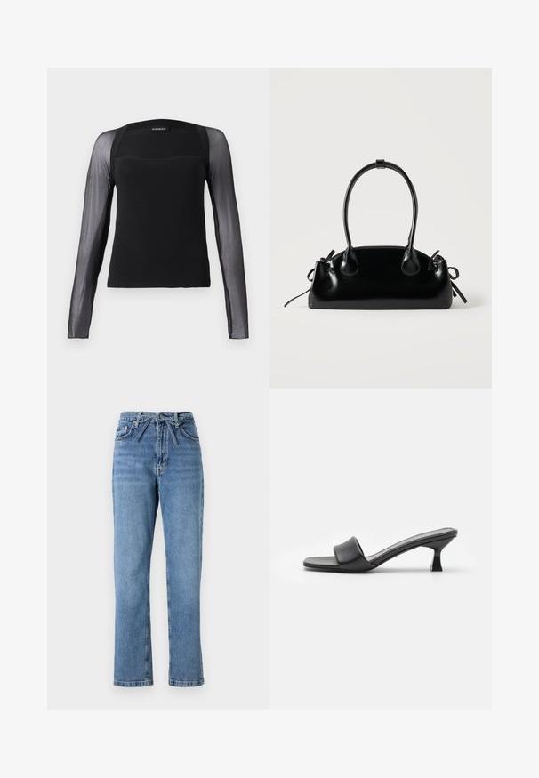 Sort langærmet top med en ensfarvet bodice og gennemsigtige sorte meshærmer. Har en kvadratisk halsudskæring og en glat tekstur.; Lyseblå denimjeans med lige pasform, høj talje, der har en frontsløjfe og klassisk fem-lomme design. Struktureret overflade med subtile falmninger.; Sorte hæle mules med en glat, mat læderoverdel, åben tå, bred rem over vristen og slank, firkantet hæl.; Lille sort blank håndtaske med to lange håndtag og snøre-detaljer i siden på en ensfarvet lys baggrund.