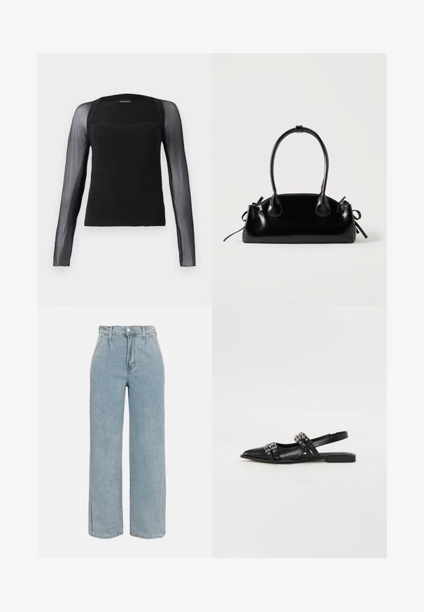 Haut noir à manches longues avec un corsage uni et des manches en mesh noir transparent. Il présente un décolleté carré et une texture lisse.; Jean bleu clair taille haute à jambes larges avec poches avant, passants de ceinture et fermeture par bouton.; Even&Odd by Zalando Ballerines à brides arrière - black; Petit sac à main noir brillant avec deux longues anses et des détails à cordon sur les côtés sur un fond clair uni.