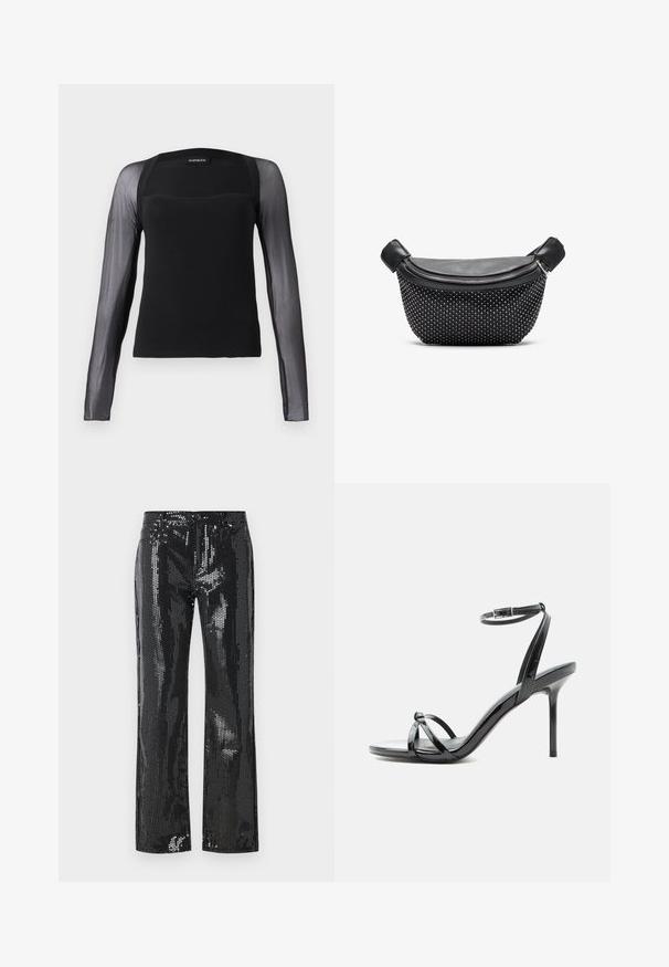Top negro de manga larga con un cuerpo sólido y mangas de malla negra transparente. Presenta un escote cuadrado y una textura suave.; Pantalones negros con lentejuelas que presentan un diseño ajustado con pernera acampanada. La tela tiene una textura brillante con un patrón de pequeños discos reflectantes.; Sandalia de tacón alto de charol negro con tiras finas que cruzan los dedos y una correa con hebilla en el tobillo sobre un fondo blanco.; Bolso de mano negro con parte superior de cuero liso y base texturizada cubierta de tachuelas plateadas, que cuenta con un cierre de cremallera y doble asa.