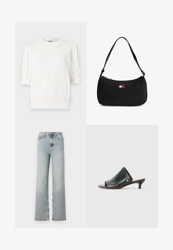 Haut en pullover blanc à manches courtes avec un col rond, des manches froncées et une taille ajustée. Fabriqué en tissu doux.; Jean en denim léger bleu clair taille haute avec une coupe large, comportant cinq poches et un léger dégradé sur le tissu.; Mules ouverts en cuir noir avec un talon bas. Présentent une surface lisse et un accent logo doré sur le côté.; Petit sac d'épaule noir avec une fermeture éclair incurvée en haut et un patch logo "Tommy Jeans" à l'avant, doté d'une bandoulière noire avec du texte blanc.