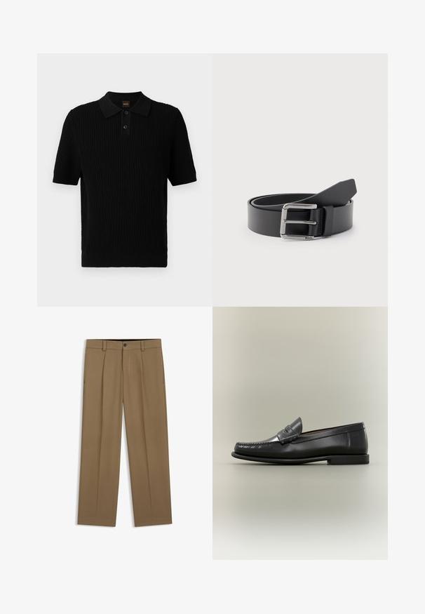Polo negro de manga corta con textura acanalada, botonera de tres botones y cuello clásico. Presenta el logotipo de BOSS en color naranja.; Pantalones marrones de pierna recta con presillas para cinturón, botón en el frente y cierre de cremallera, mostrados planos sobre un fondo blanco.; Mocasín de hombre de cuero negro con diseño moc-toe, tira de tipo penny y tacón bajo sobre fondo neutro.; Cinturón de cuero negro enrollado con hebilla metálica rectangular plateada grabada con "BOSS" sobre un fondo gris claro.