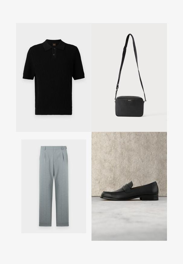 Schwarzes Poloshirt mit kurzen Ärmeln, geripptem Material, Drei-Knopf-Leiste und klassischem Kragen. Mit BOSS-Branding in Orange.; Helle graue Hose aus strukturiertem Stoff mit geradem Bein, einfachen Falten und umgeschlagenen Säumen. Minimalistisches und maßgeschneidertes Erscheinungsbild.; Schwarzer Leder-Slipper schwebt über einem beigen Teppich, im Hintergrund ein glänzender, runder brauner Tisch.; Schwarze rechteckige Umhängetasche mit verstellbarem Riemen und BOSS-Logo auf der Vorderseite, vor einem einfarbigen hellen Hintergrund.