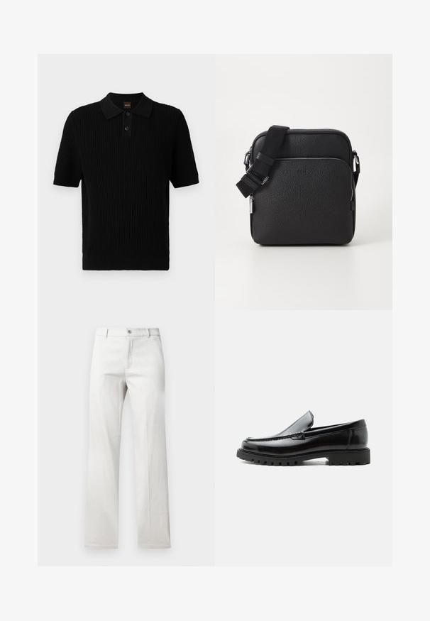 Schwarzes Poloshirt mit kurzen Ärmeln, geripptem Material, Drei-Knopf-Leiste und klassischem Kragen. Mit BOSS-Branding in Orange.; Helle graue Hose mit geradem Bein, aus einem glatten Stoff gefertigt, mit vorderer Knopfverschluss und Seitentaschen.; Schwarzer Lederloafer mit grober Gummisohle, genähter Oberseite und geprägtem Markennamen an der Ferse, seitlich auf weißem Hintergrund gezeigt.; Schwarze Leder-Crossbody-Tasche mit strukturierter Oberfläche, ausgestattet mit einer vorderen Reißverschlusstasche, verstellbarem Riemen und metallenen Hardware-Details.