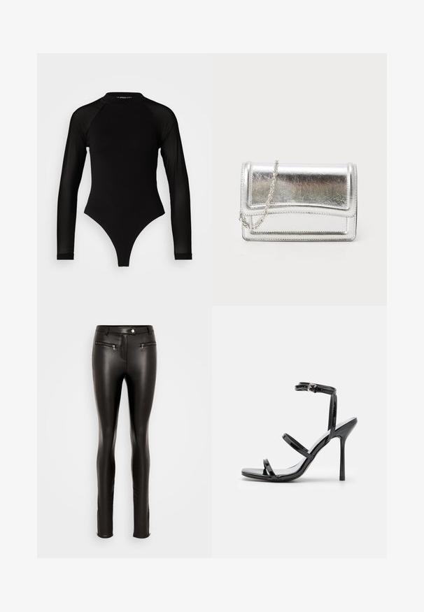 Bodysuit noir à manches longues avec col haut, doté d'un tissu solide sur le torse et de manches en maille transparente, conçu dans une coupe ajustée.; ONLY Tall ONLJENNA ZIP - Pantalon classique - black; Sandales à talons hauts en cuir verni noir avec trois sangles horizontales et une sangle de cheville ajustable. Silhouette élégante et finition brillante.; Pochette métallique argentée avec une texture lisse, fermeture rabat et une bandoulière en chaîne. Présente un design rectangulaire structuré et des accents cousus.