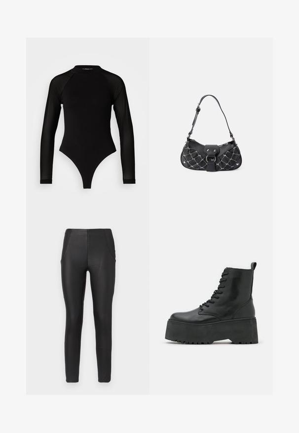 Bodysuit noir à manches longues avec col haut, doté d'un tissu solide sur le torse et de manches en maille transparente, conçu dans une coupe ajustée.; Leggings noirs avec une finition brillante, dotés d'une taille haute et de poches latérales. Le tissu semble lisse et extensible.; Bottes noires jusqu'à la cheville avec une semelle épaisse en plateau, en cuir lisse, dotées d'un design à lacets et d'une languette à l'arrière.; Sac à main noir avec texture matelassée, doté de quincaillerie en argent, d'une forme incurvée et d'une seule bandoulière réglable. Fermeture zippée sur le dessus.