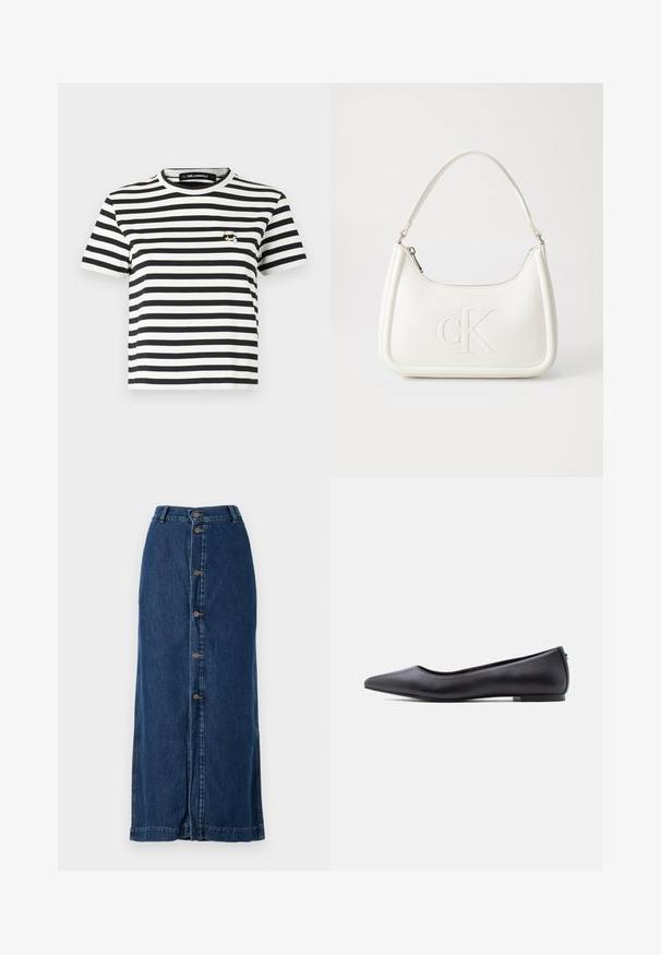 Camiseta de manga corta a rayas en blanco y negro con cuello redondo y un pequeño logo bordado en el lado izquierdo del pecho.; Falda maxi de mezclilla en azul oscuro, con cierre de botones en la parte delantera y aberturas laterales, con una silueta recta y dobladillo cosido.; Zapato plano de cuero negro con punta puntiaguda y tacón bajo, mostrado de perfil contra un fondo blanco.; Bolso de mano de cuero blanco con forma curvada, con un logo "CK" en relieve en la parte delantera y una sola correa para el hombro. Cierre de cremallera en la parte superior.