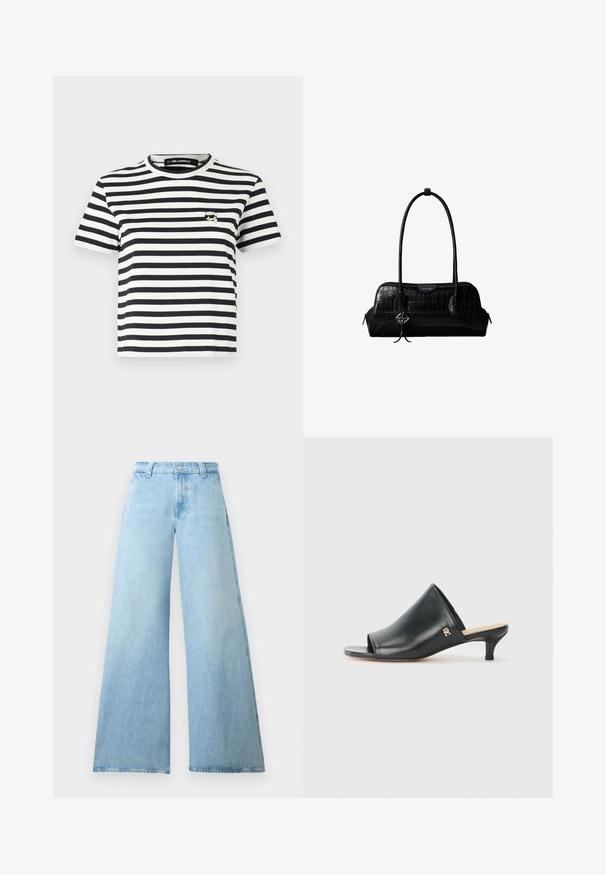 Camiseta de manga corta a rayas en blanco y negro con cuello redondo y un pequeño logo bordado en el lado izquierdo del pecho.; Jeans de pierna ancha de un azul claro, hechos de denim, con una cintura alta, que presentan un cierre de botón y cinco bolsillos. Textura suave con una silueta casual.; Mules de cuero negro de punta abierta con un tacón bajo. Presentan una superficie lisa y un acento del logo dorado en el costado.; Bolso de hombro negro de cuero con textura de cocodrilo, con correas largas y un pequeño colgante de logo plateado en una correa.