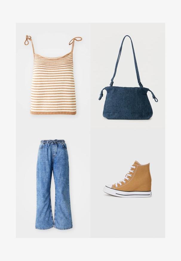 Gestreiftes Strickoberteil mit verstellbaren Bindebändern, das abwechselnd braune und weiße horizontale Streifen aufweist, eine eng-anliegende Passform hat und einen gerippten Saum besitzt.; Helle blaue Denim-Hosen mit weitem Bein, elastischem Bund und Kordelzug. Verfügt über doppelt genähte Nähte und einen rohen Saum. Keine sichtbaren Taschen.; Hochschuh-Sneaker aus beigefarbenem Canvas, ausgestattet mit weißen Schnürsenkeln, einer Gummispitze und einer Sohle mit schwarzem Streifen. Strukturierte Oberfläche mit Nähdetails.; Dunkelblaue Denim-Schultertasche mit verknoteten Trägerenden und schlichter rechteckiger Form vor weißem Hintergrund.