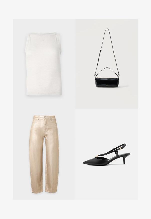 Haut sans manches gris clair en tissu doux, présentant un design simple avec un décolleté rond et des détails de couture subtils sur les épaules.; Pantalon taille haute, jambes droites, en tissu beige brillant avec poches avant, passants de ceinture et fermeture par bouton à l'avant.; Escarpin slingback en cuir noir à petit talon kitten, bout pointu, fine bride en T, boucle réglable et petite décoration dorée sur la bride.; Sac bandoulière rectangulaire en cuir noir avec bandoulière ajustable, fermeture éclair sur le dessus et petit logo Calvin Klein doré sur le devant.