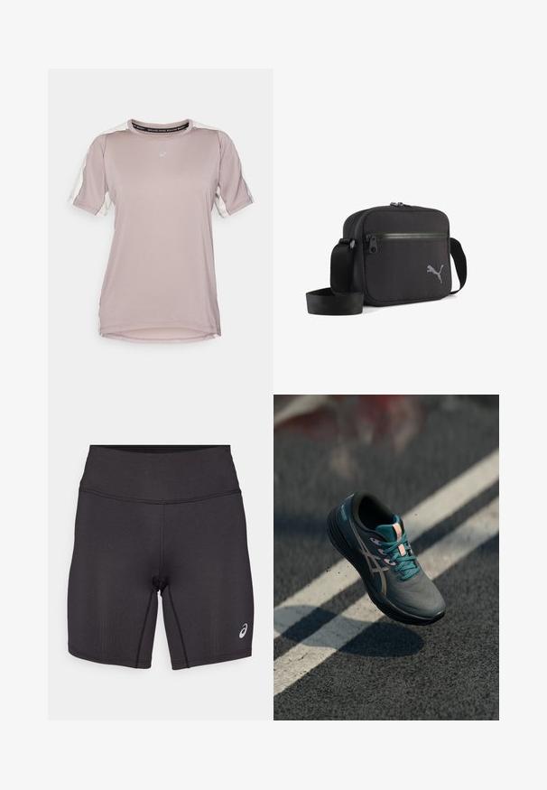 ASICS FUJITRAIL ELITE TOP - Sports T-shirts - rainstorm grey/cream; Sorte atletiske shorts med en glat tekstur, tætsiddende design og høj talje. Har kontrasterende syninger og et lille logo på underbenet.; Let og grå atletiske sko med en tekstureret overdel, teal snørebånd, lyserøde detaljer og en buet sort sål, med branding på siden.; Sort skuldertaske i stof med rektangulær form, udstyret med lynlås, tekstureret overflade og en grå broderet logo på den ene side.