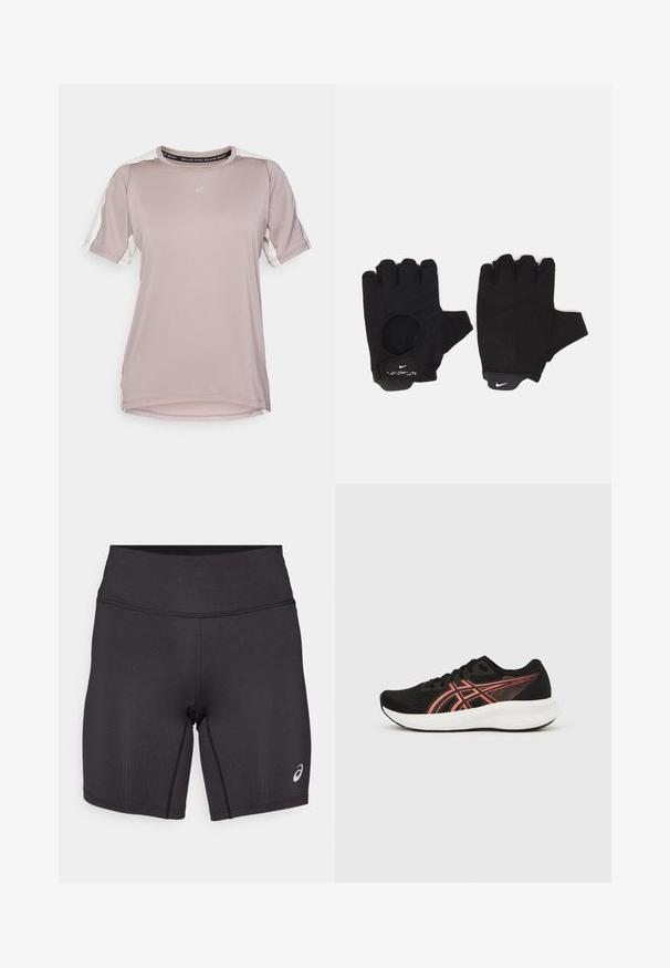 ASICS FUJITRAIL ELITE TOP - Športové tričko - rainstorm grey/cream; Čierne atletické šortky s hladkou textúrou, priliehavým strihom a vysokým pásom. Obsahujú kontrastné švy a malé logo na dolnej časti nohy.; Ľahká čierna športová obuv s sieťovinovým zvrškom, kontrastnými červenými akcentmi, zaoblenou špičkou a bielou polstrovanou podrážkou. Názov modelu: Patriot 14.; Čierne prstové rukavice bez prstov s textúrovaným dizajnom. Vyrobené z priedušného materiálu, s otvorom na palec a zosilnenou dlaňou pre lepší úchop.