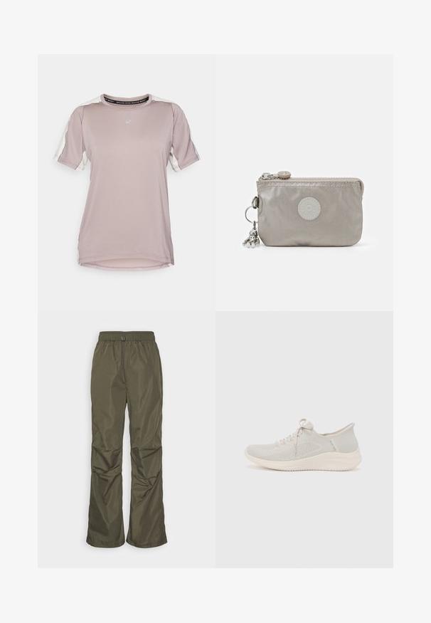 ASICS FUJITRAIL ELITE TOP - Sport T-shirt - rainstorm grey/cream; Even&Odd Broek - khaki; Lichtgrijze sportieve schoen met een gestructureerde mesh bovenkant, veters en een witte zool. Heeft een blauw logo nabij de hiel en een gestroomlijnd ontwerp.; Grijze nylon ritszak met een circulair logo, gestikte accenten en een zilveren charm detail. Compacte rechthoekige vorm, gladde textuur.